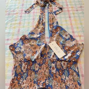 Sienna Sky Blue Floral Halter Smocked Women's Top